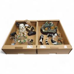 Beswick model of a Magpie, Border Fine Arts Friesian cow and calf, Country Artists owl and other items in two boxes