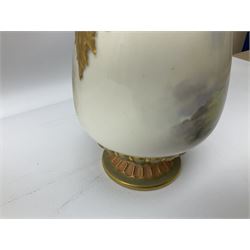 Early 20th century Royal Worcester vase decorated by Harry Davis, of ovoid form with twin acanthus mounted handles and waisted high neck supporting a domed cover, upon a circular foot, the body hand painted with sheep in a highland landscape, signed H Davis, with puce printed marks beneath including shape number 2425, and date code for 1907, H27.5cm