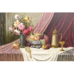  Still Life of Flowers and Fruit, oil on canvas signed by Bela Balogh (Hungarian 1919-1980) 60cm x 90cm  