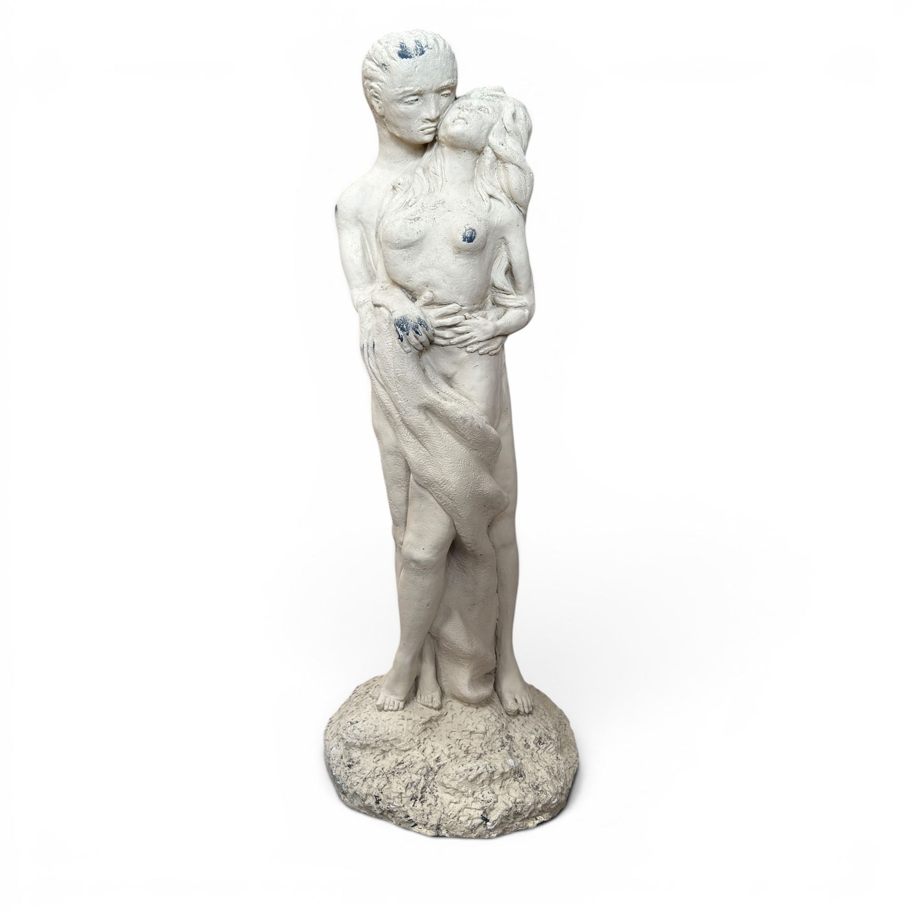 Pair of cast stone seat lions, male and female figure, and a miniature pair of cast stone lions