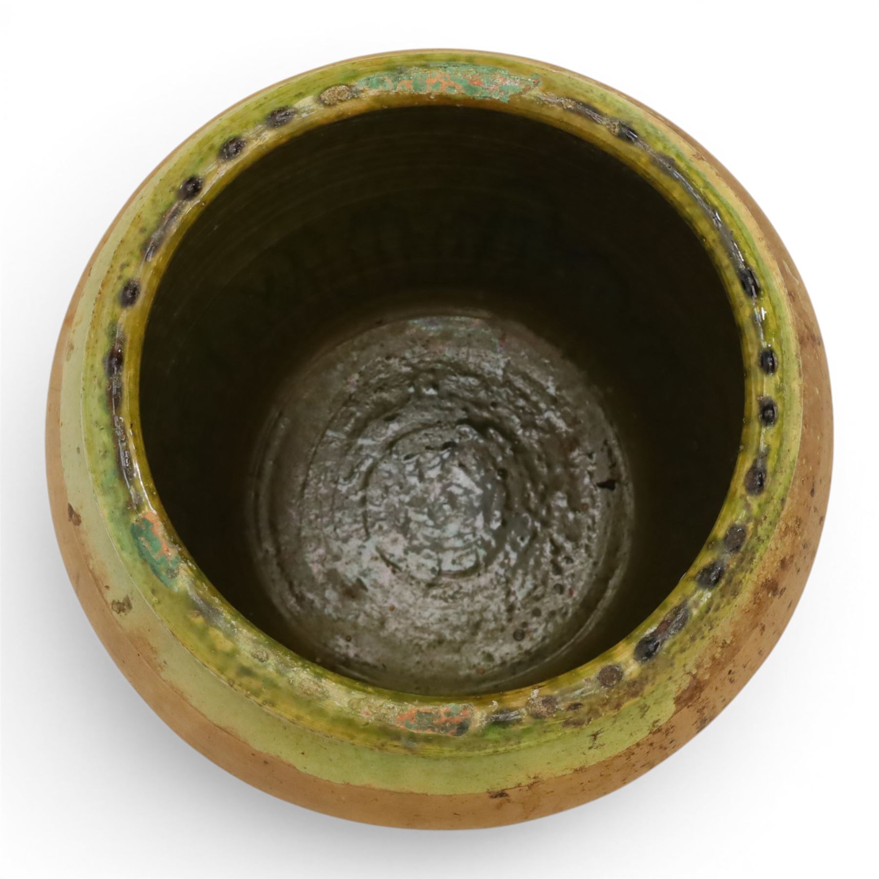 Large Continental terracotta olive jar, of typical baluster form with a green glaze band decoration, H46cm