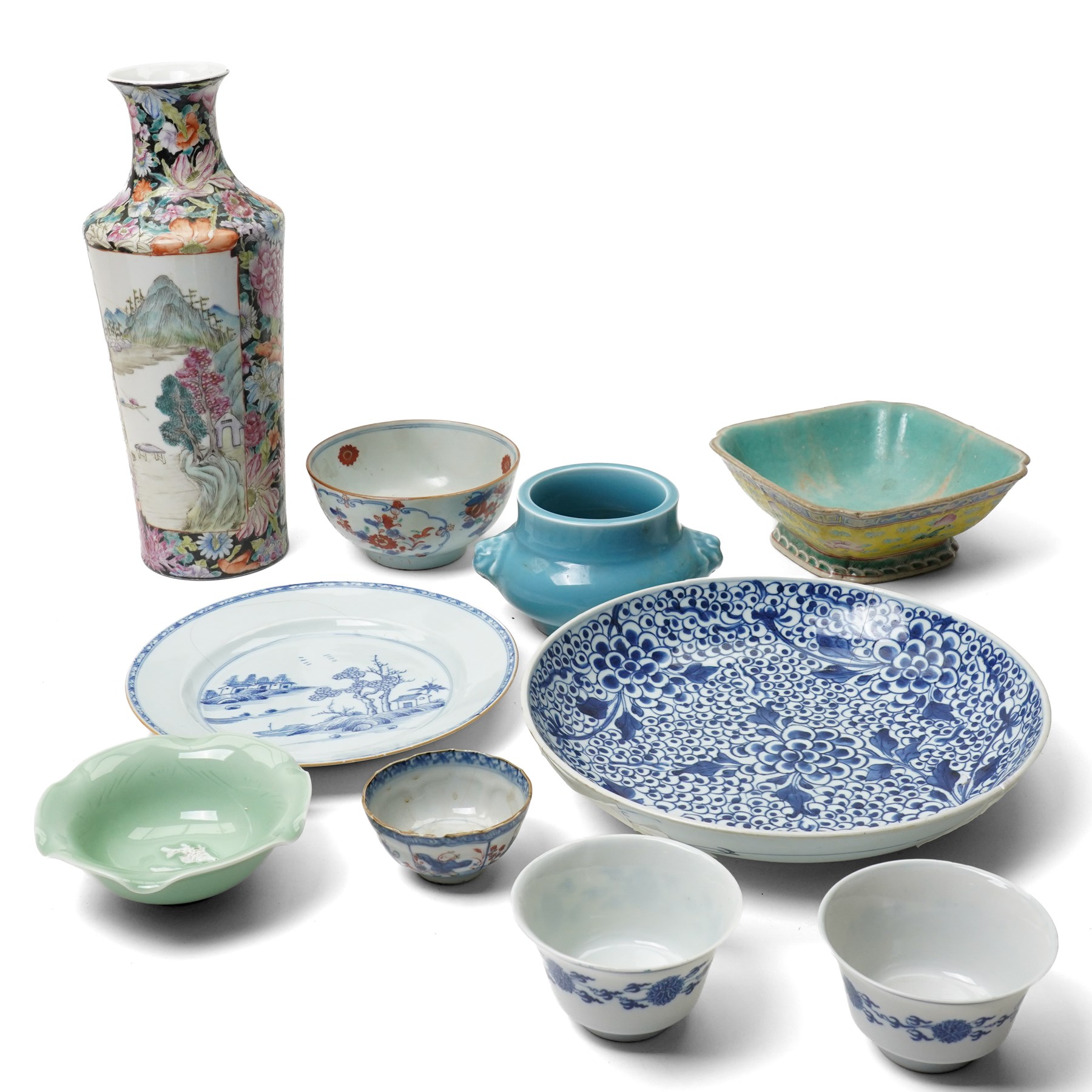 Collection of Chinese ceramics, including a famille rose vase, with apocryphal Qianlong marks to base, 18th century blue and white plate, two blue and white cups, Kangxi bowl (a/f), and others (10)