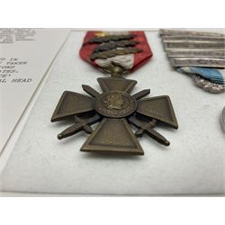 French Republic Colonial Medal with five clasps for Libye, Afrique Francaise Libre, Bir Hakeim, Koufra and Tchad; and Croix de Guerre Des Theatres D'Operations Exterieurs with three MID leaves and gold star; both with ribbons (2)