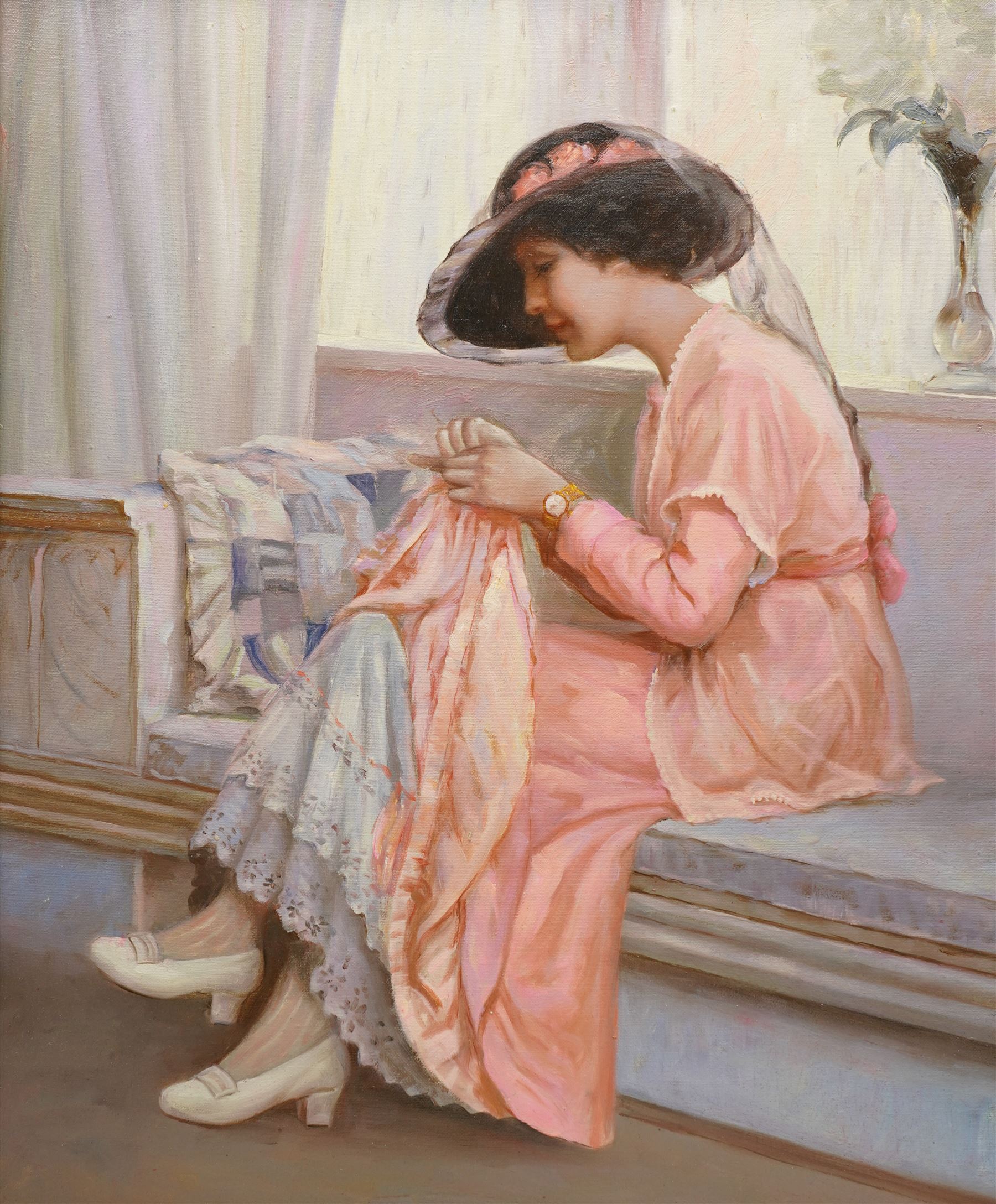 After William Henry Margetson (British 1861-1940): 'A Stitch in Time', oil on canvas unsigned 59cm x 49cm