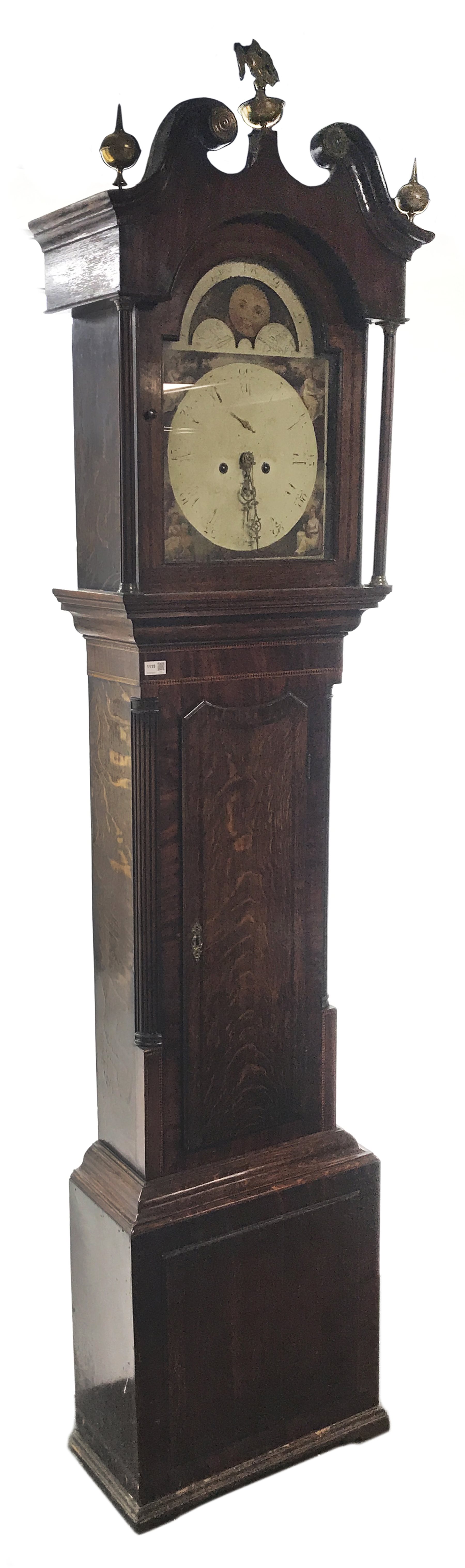 19th century oak and mahogany longcase clock, hood with scrolled