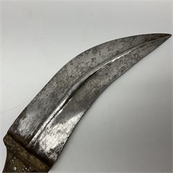 Late 19th century Yemeni Tuza jambiya as worn by religious elite, the 20.5cm curving blade with raised medial ridge, the horn hilt with pique style studwork, in a leather wrapped wooden scabbard with pierced metal mount and leather belt applied with embroidered 'gold' and 'silver' thread work panel; dagger L36cm overall, belt L84cm