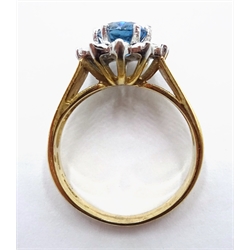  9ct gold oval blue topaz and diamond cluster ring hallmarked  