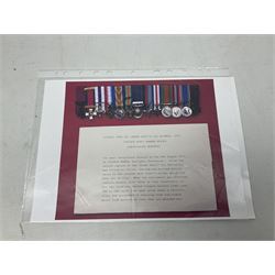 Captain (later Brigadier) Percy Howard Hansen V.C., D.S.O., M.C. 6th (Service) Battalion Lincolnshire Regiment - representative group of thirteen miniature dress medals comprising VC, DSO, MC, WW1 trio, GSM with Palestine clasp, four WW2 medals/stars, George VI Coronation Medal and French Croix-De-Guerre with MID leaves; all with ribbons on pinned bar for wearing; together with display of contemporary tunic ribbon bars for eight medals, framed with Lincolnshire Regiment cap badge, newspaper cutting and London Gazette extract; framed head and shoulder portrait of Hansen in uniform clearly showing his medal bars; and copies of related biographical information. Auctioneer's Note: Extract from the London Gazette 1st October 1915 regarding the VC 'For most conspicuous bravery on the 9th August 1915, at YILGHIN BURNU Gallipoli Peninsular. After the second capture of the 