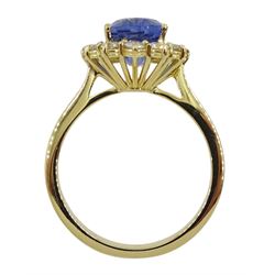 18ct gold fine Ceylon sapphire and diamond cluster ring, hallmarked, sapphire approx 3.85 carat, total diamond weight approx 0.50 carat