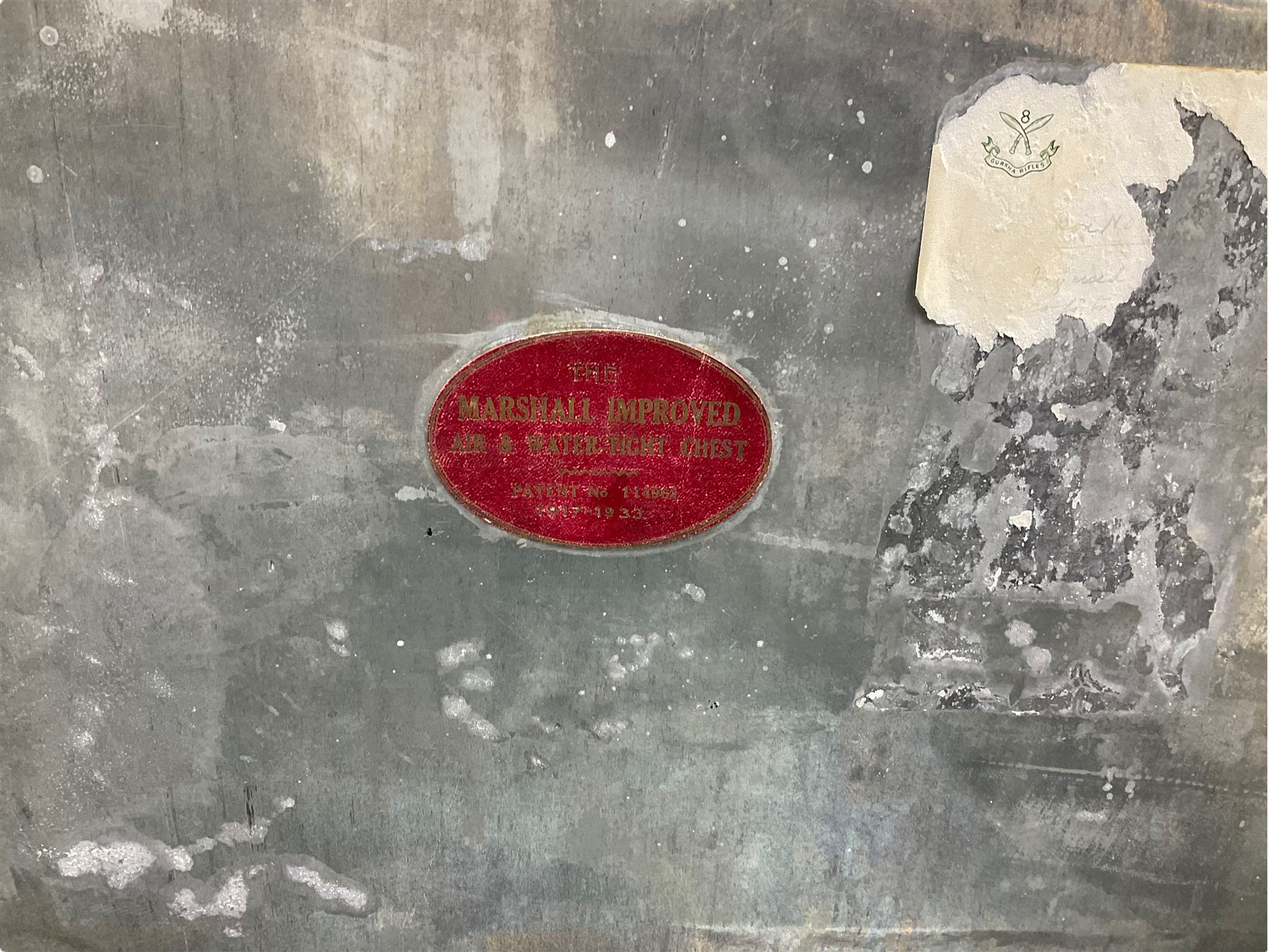 'The Marshall Improved Air & Water-Tight Chest' 1917-1933, metal bound military chest with tin liner (92cm x 53cm x 35cm), and a wooden bound canvas travel trunk (92cm x 52cm x 32cm)