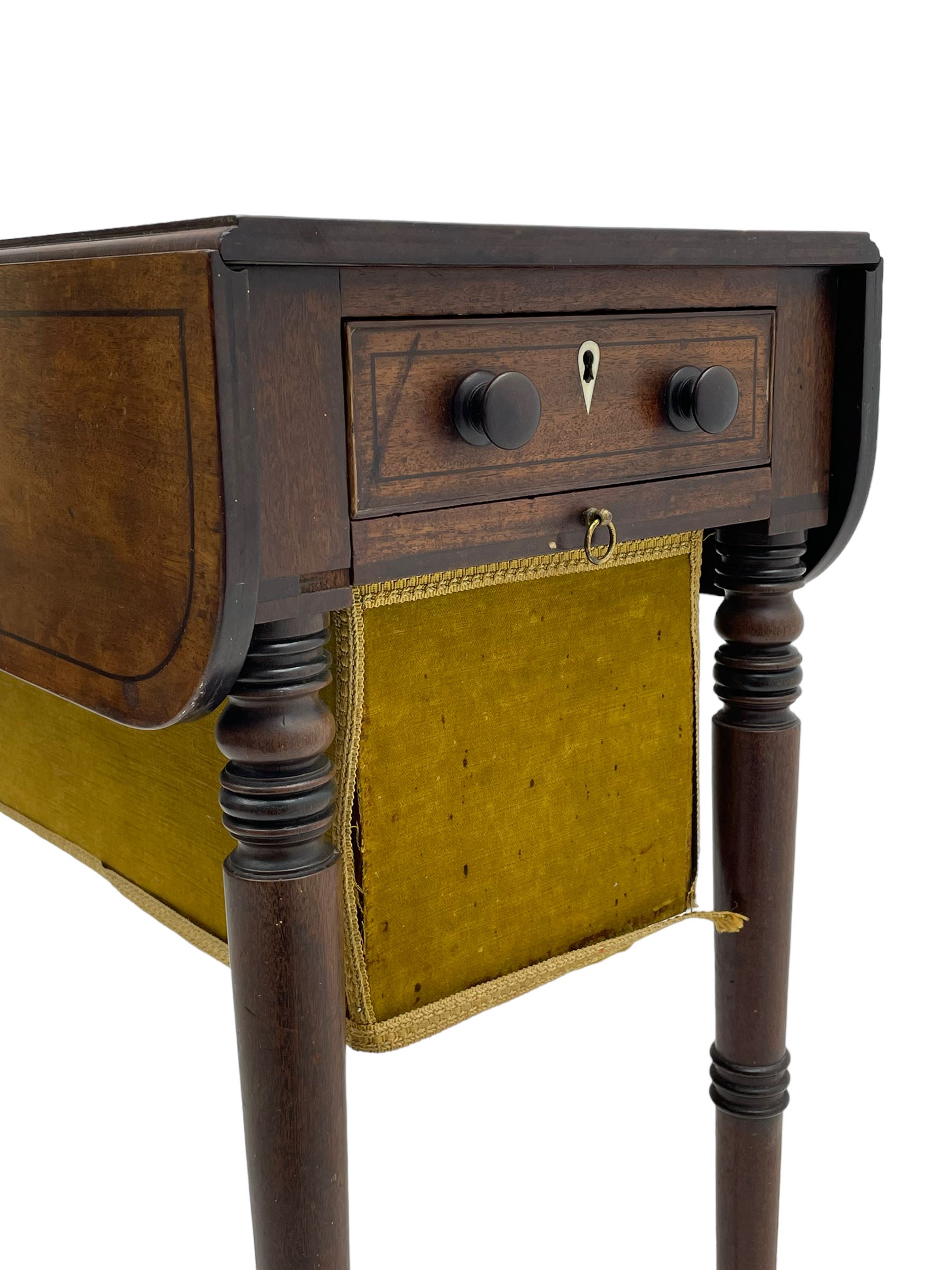 Narrow George III mahogany sewing or work Pembroke table, drop-leaf rectangular top with rounded corners inlaid with ebony stringing, fitted with single full-length cock-beaded drawer and opposing false drawer fascia, turned handles and ivory escutcheons, sliding upholstered storage bag beneath, on ring turned supports with brass cups and castors

This item has been registered for sale under Section 10 of the APHA Ivory Act