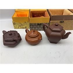 Six Chinese Yixing teapots, of various form and style, some having incised decoration, all boxed, tallest approx H12cm