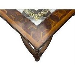 Jonathan Charles - large mahogany coffee table, the square oyster veneered top with verre églomisé inset, the glass hand-painted with gilt scrolling foliate patterns, raised on spiral turned supports with acanthus and gadroon carvings, united by interlocking demi-lune stretchers, on scrolled acanthus feet