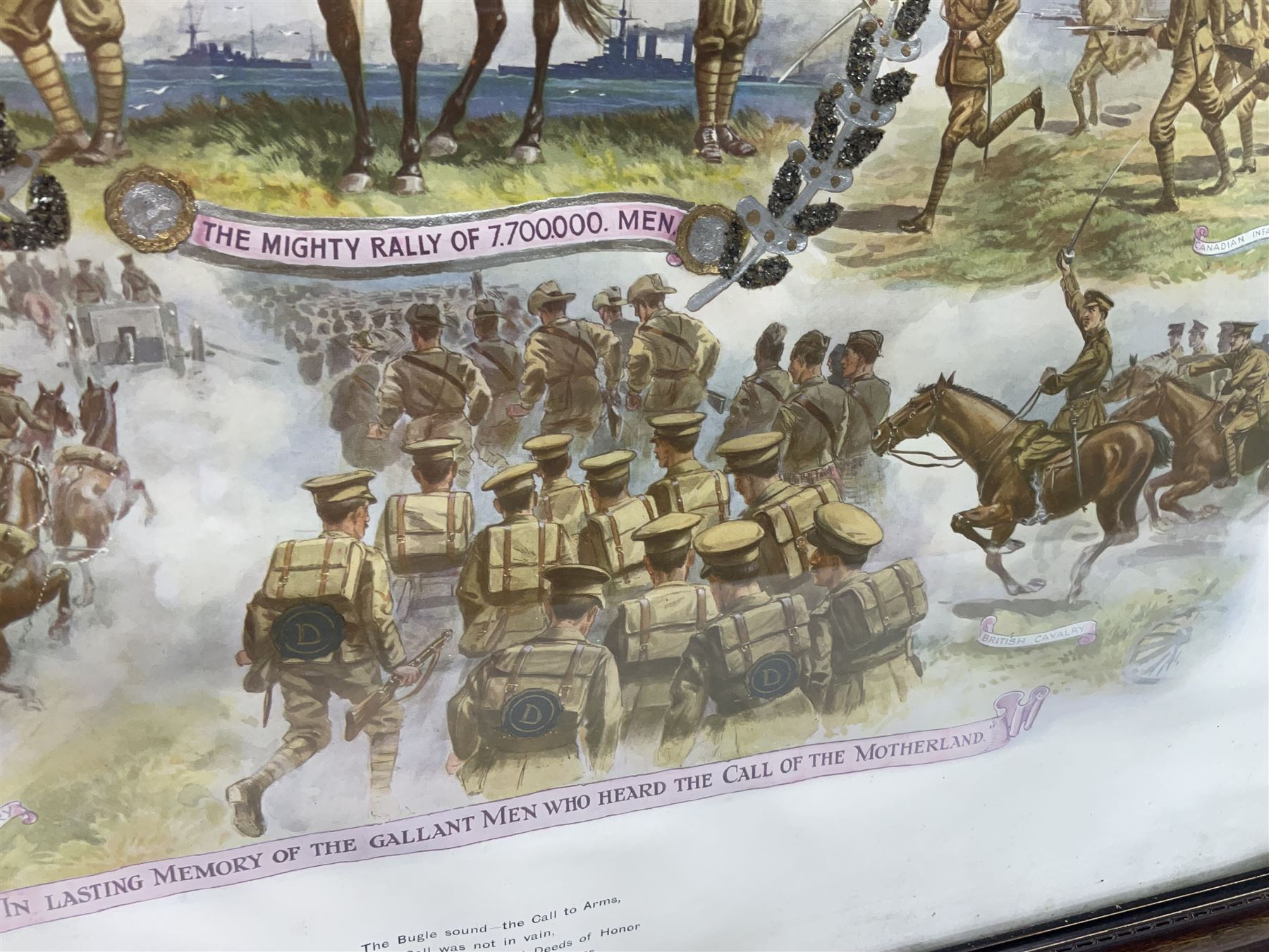 WW1 photogravure print depicting the VC action of Boy (1st Class) John Travers Cornwell mortally wounded in the Battle of Jutland May 31st 1916 34 x 41cm, walnut frame; and WW1 colour print entitled 'England's 1914-1919 Call' in simulated rosewood frame (2)