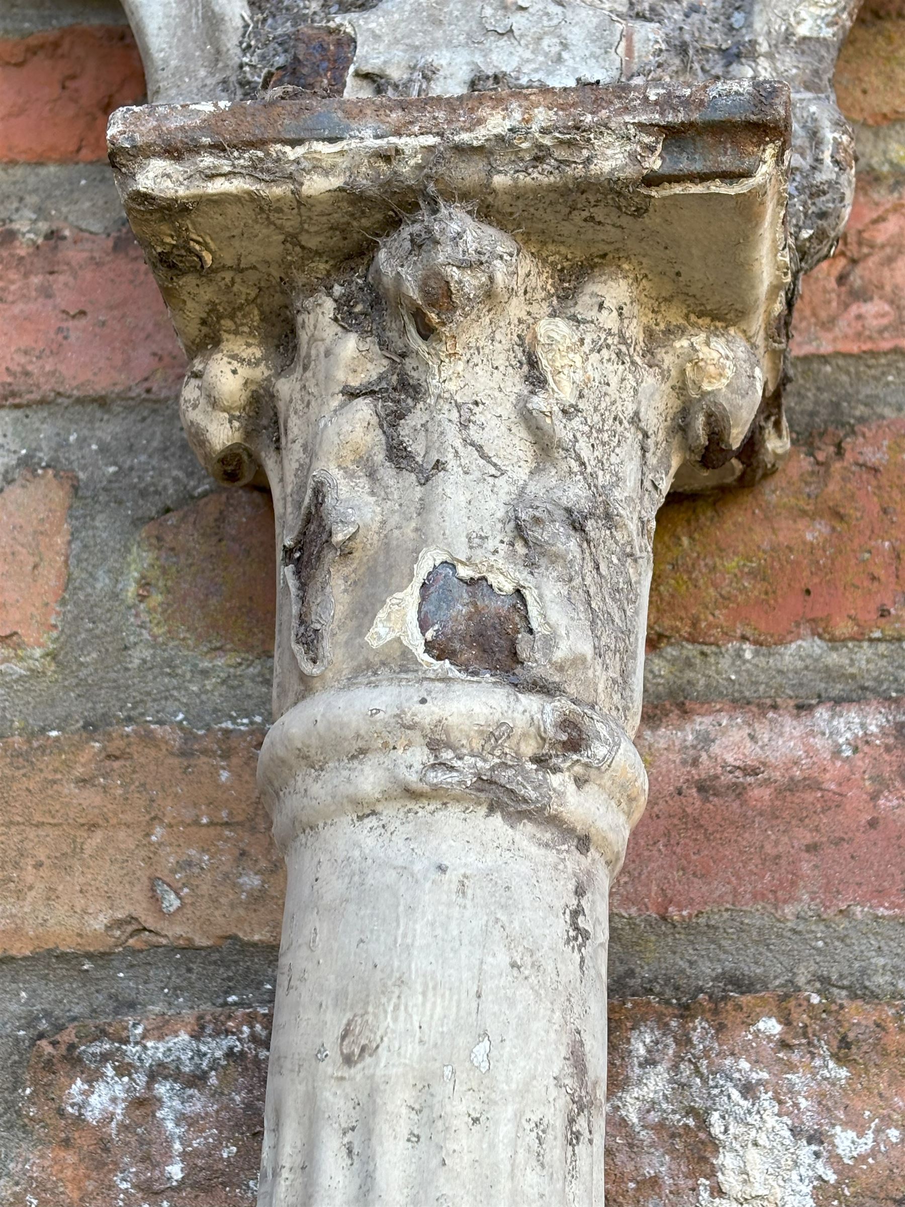 Set of eight Victorian cast iron reclaimed architectural columns, removed from a small gauge railway station, each highly detailed with acanthus cast capitals above fluted columns, six having further acanthus to base. H242cm / 160cm.  - COLLECTION BY APPOINTMENT FROM: The White House, Thirsk Road, Easingwold, York, YO61 3NF - CALL 01723 507111 TO ARRANGE