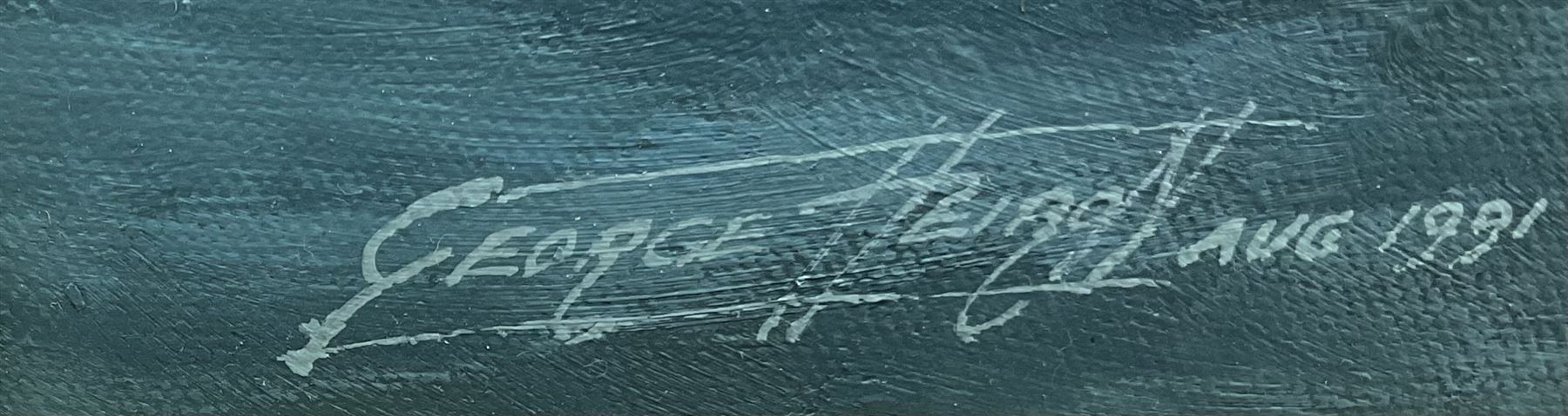 George Heiron (British 1929-2001): 'USS Missouri with HMS Edinburgh at Full Steam' - First Gulf War, oil on canvas signed and dated Aug. 1991, 49cm x 75cm