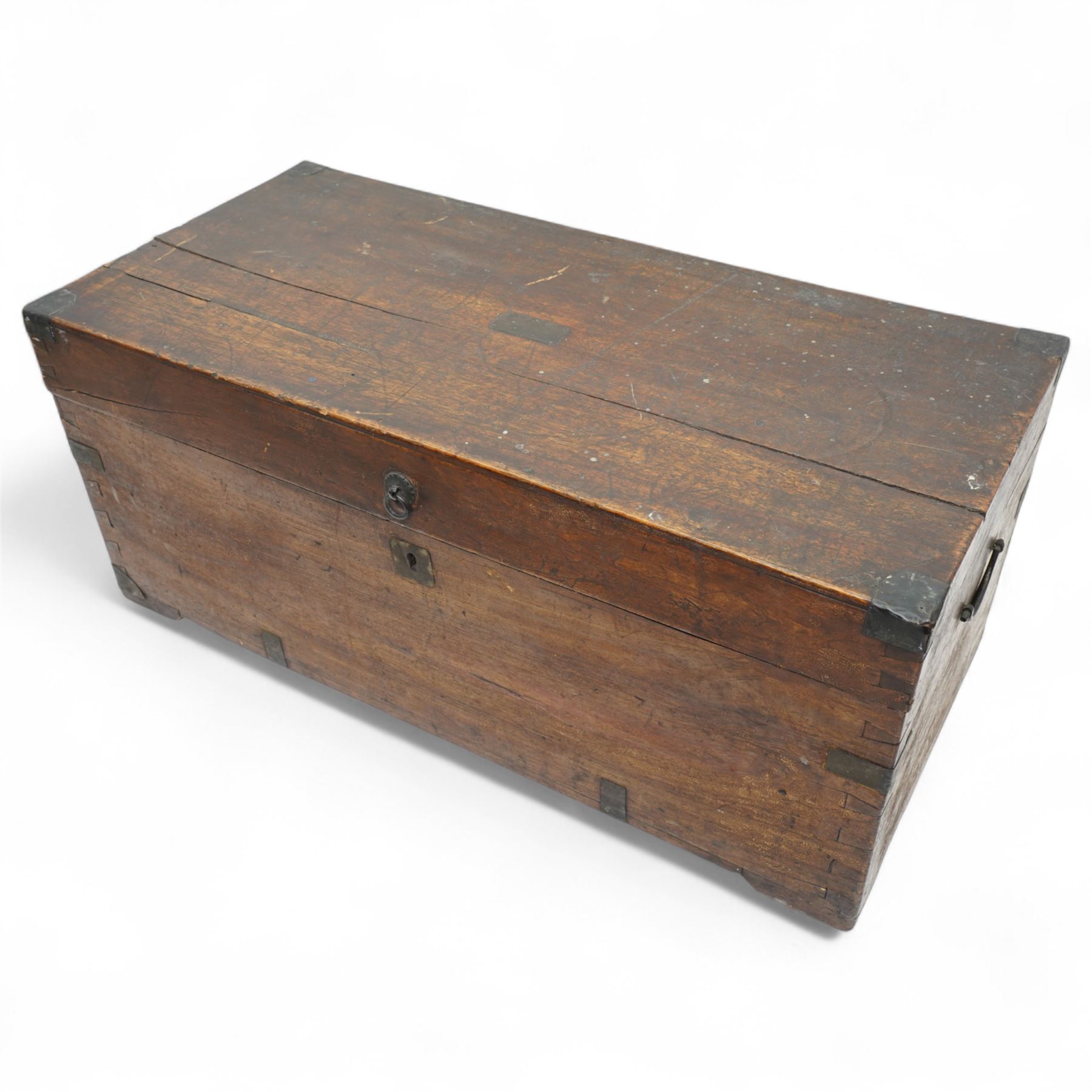 19th century Indian camphor wood box with metal corner pieces and escutcheon and twin handles W68cm