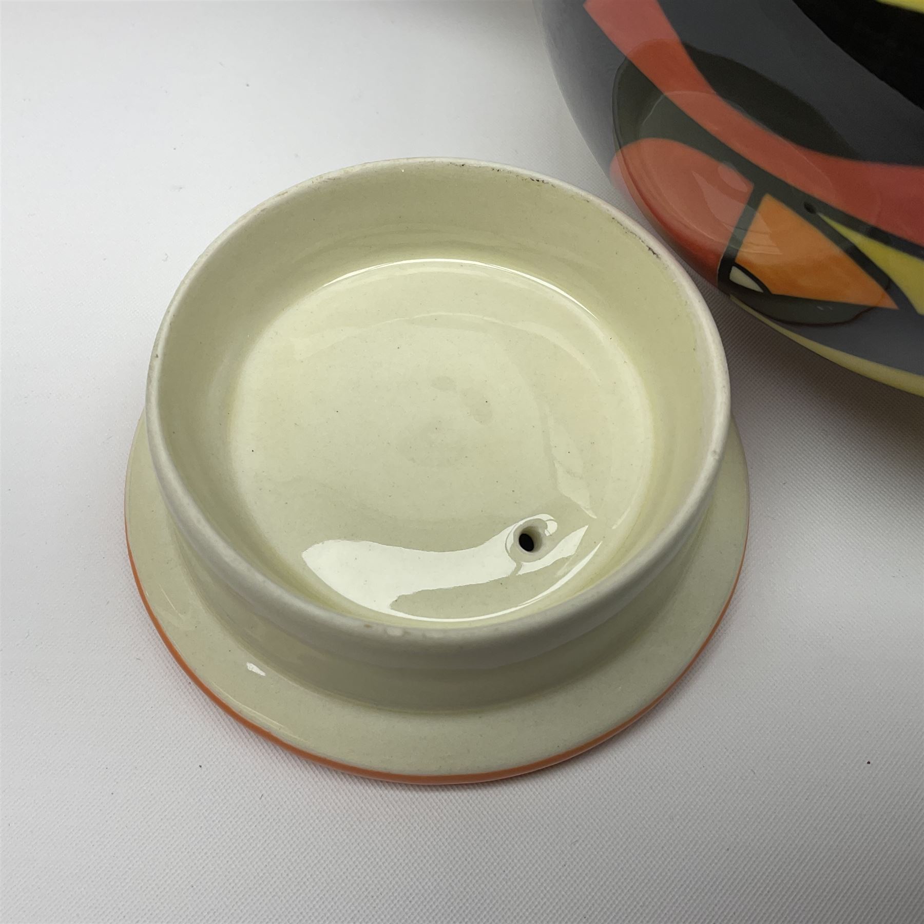 Lorna Bailey Mirage pattern teapot, together with Lorna Bailey batmobile egg cup, both signed beneath, teapot H10cm