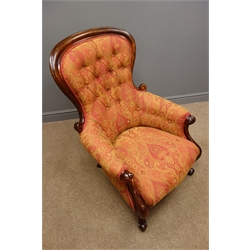  Victorian mahogany armchair, upholstered in red and gold fabric, scrolled arm supports and cabriole legs  