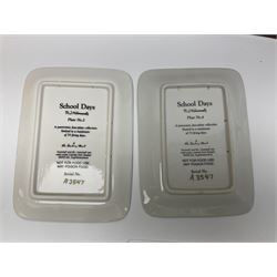 Two ceramic Hummel postcards by Goebel, both displayed on wooden easels, together nine Hummel eggs, set of four Hummel School Days plates, on wooden hanging rack, Goebel Collectors Club Member plaque etc