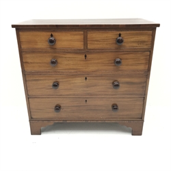 George III mahogany ebony inlaid and cross banded top, two short and three long drawers, turned mahogany handles, shaped bracket supports, W100cm, H92cm, D50cm