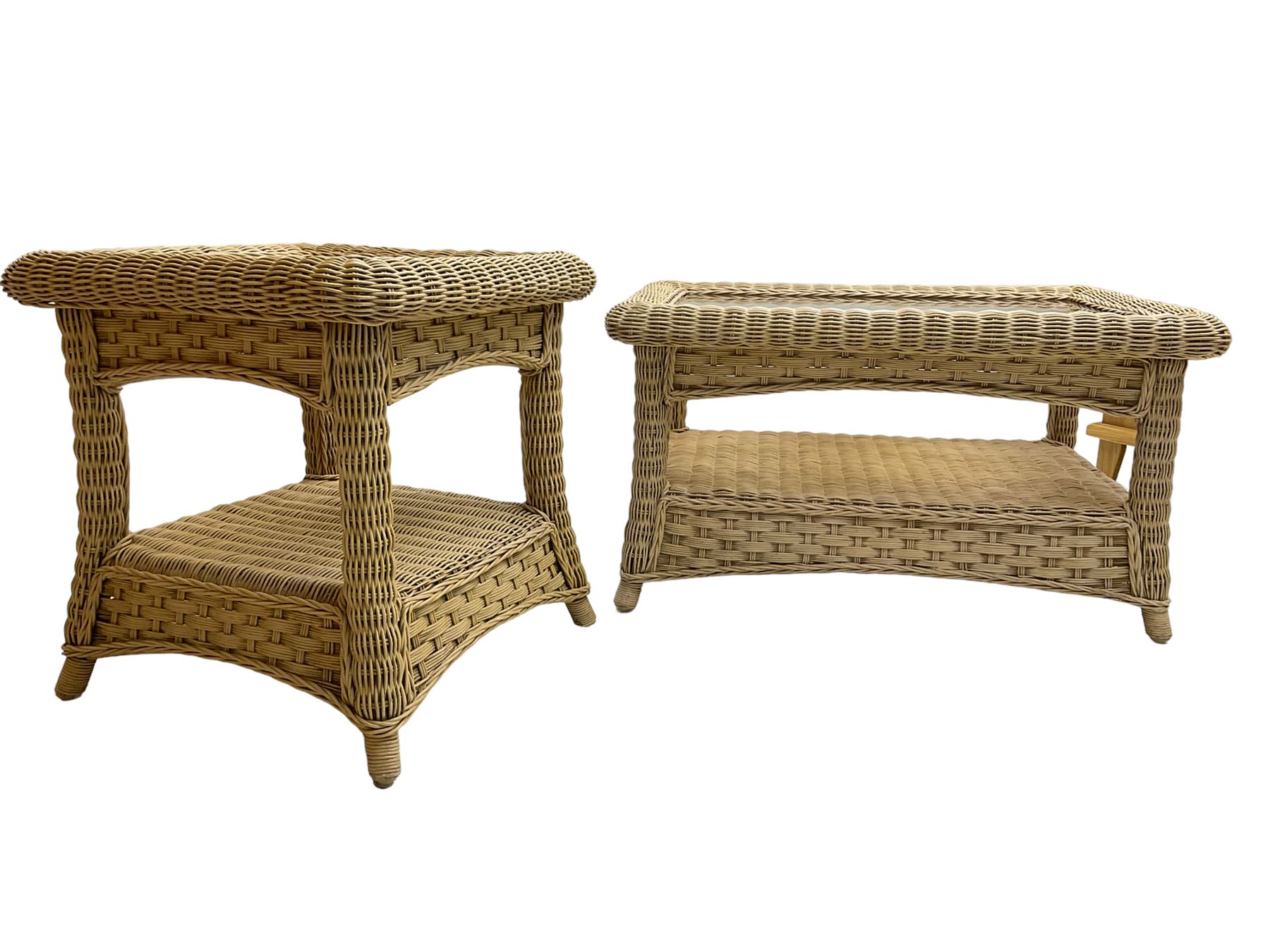 Contemporary rattan conservatory suite - two seat sofa with wicker frame and loose cushions upholstered in textured champagne fabric (W125cm H98cm); pair of matching armchairs (W72cm H98cm); rectangular glass-topped coffee table with rattan frame and undertier (W85cm D60cm H47cm); and matching square side table (W53cm H55cm)