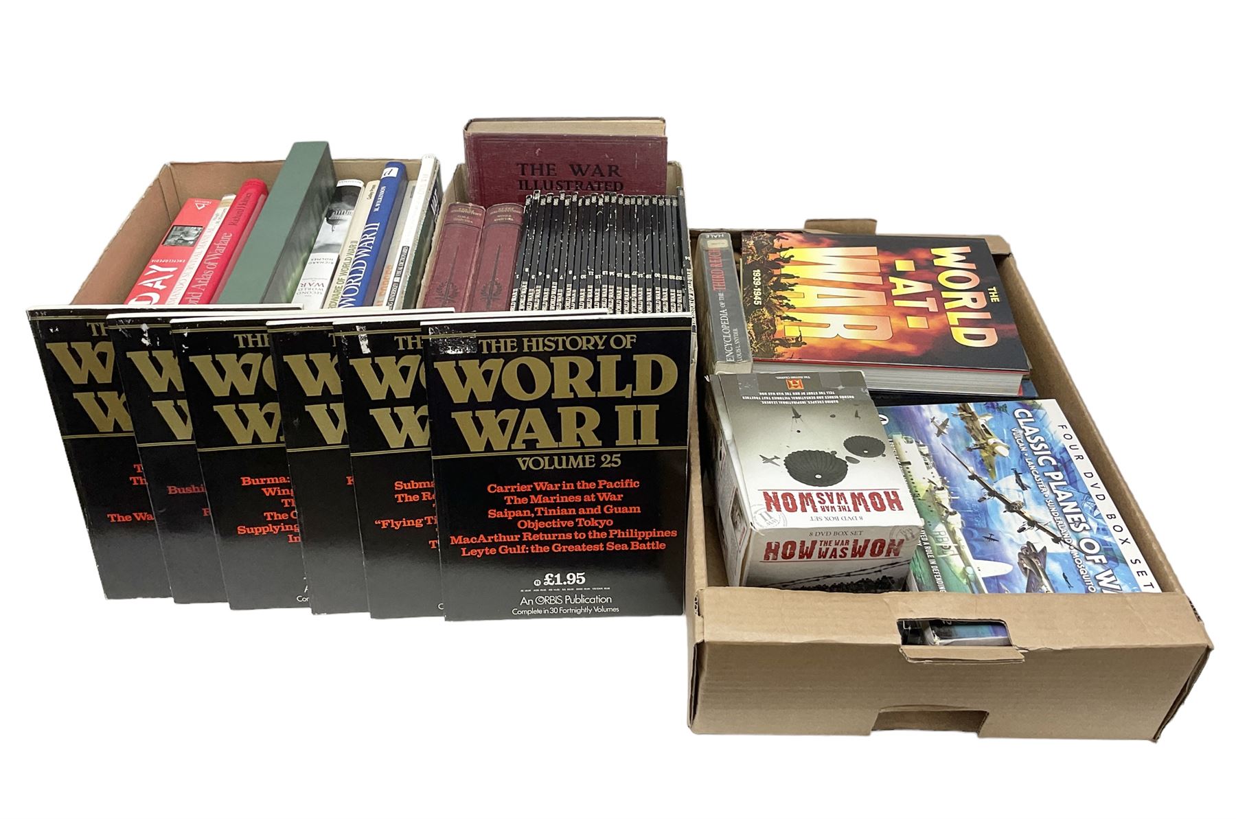 Three boxes of books, periodicals and DVDs of military interest with particular emphasis on WW2 including The History of World War Two in thirty original parts by Orbis, The D-Day Experience by Richard Holmes, The World War Two Databook, The World at War, Special Forces etc