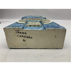 Large Troika double base vase, decorated with geometric design upon a blue ground, designed by Annette Walters, with painted marks beneath, H36cm  