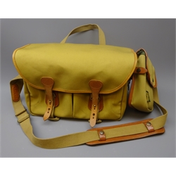  Billingham Khaki Canvas & tan leather camera bag with padded inserts, back pack harness and end pocket, L39cm  