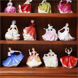 Large collection of miniature Royal Doulton figures, on display shelf, mostly dancing girls, including Karen, Sara, Christine, Elaine, Ninette, Rebecca, Emma, Hannah, etc, and a number of boxes (16) 