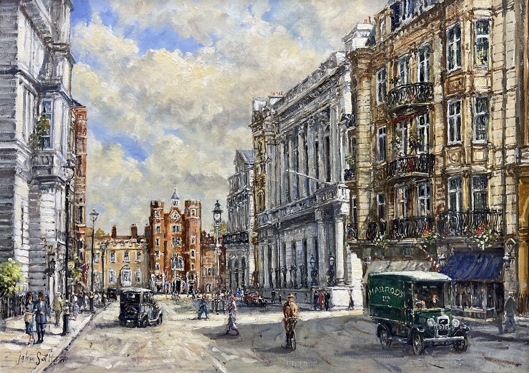 John Sutton (British 1935-): 'Afternoon in St James's Street - 1935', oil on canvas signed, titled verso 39cm x 55cm  
