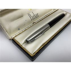 Six fountain pens with gold nibs to include Sheaffer, Macniven & Cameron Ltd and Conway examples, together with four other fountain pens including a boxed Parker pen and a boxed Sheaffer pen in black case with chevron pattern detail