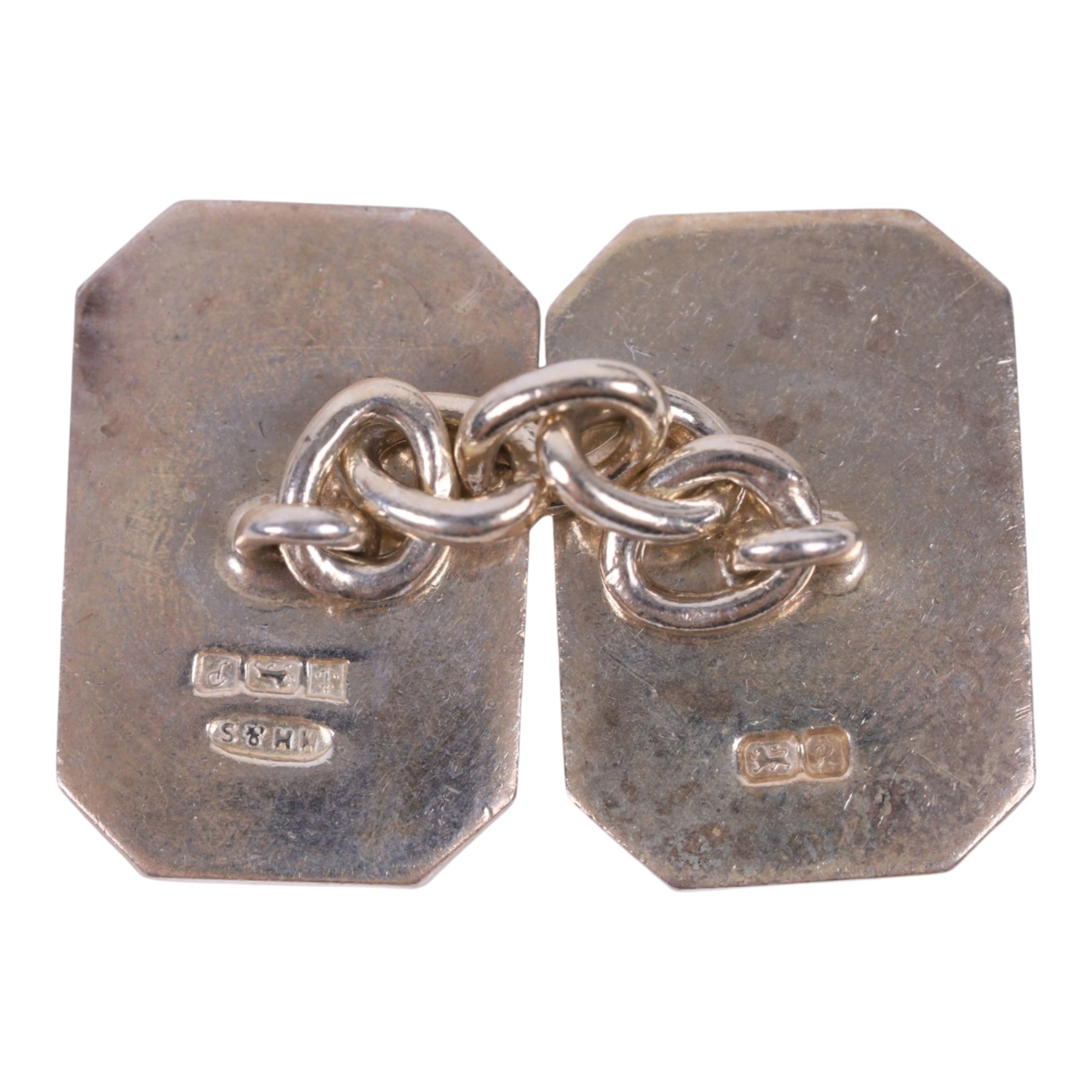 Mid 20th century silver powder compact, of circular form with engine turned decoration and engraved initials to interior, hallmarked, together with a pair of silver cufflinks, gold on silver cufflinks and tie clip, 15ct gold stick pin set with rose cut diamond, mirror D6.5cm