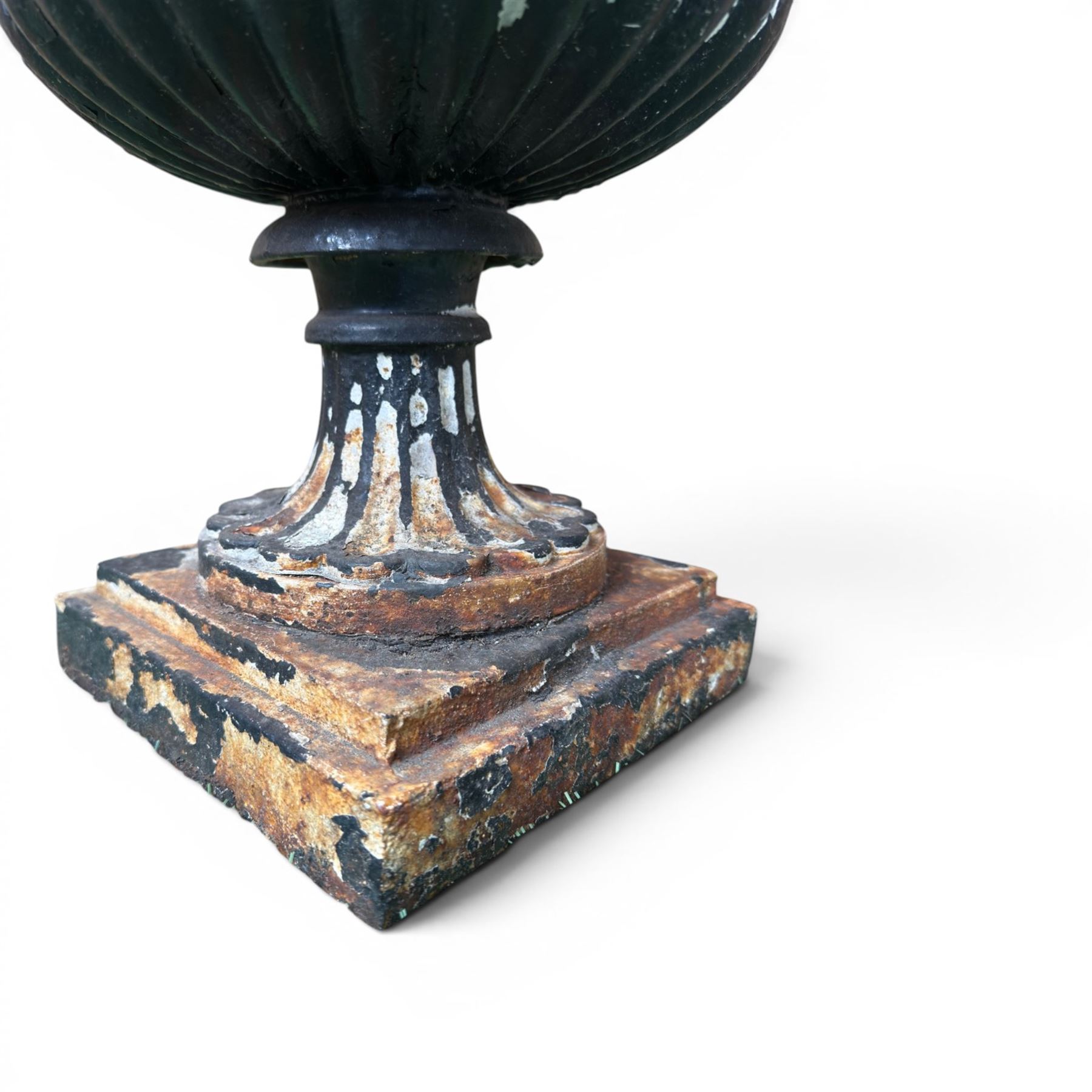 Circle of Coalbrookdale - 19th century cast iron and black painted campana shape urn with flared and scalloped rim, gadrooned underbelly on stepped square base