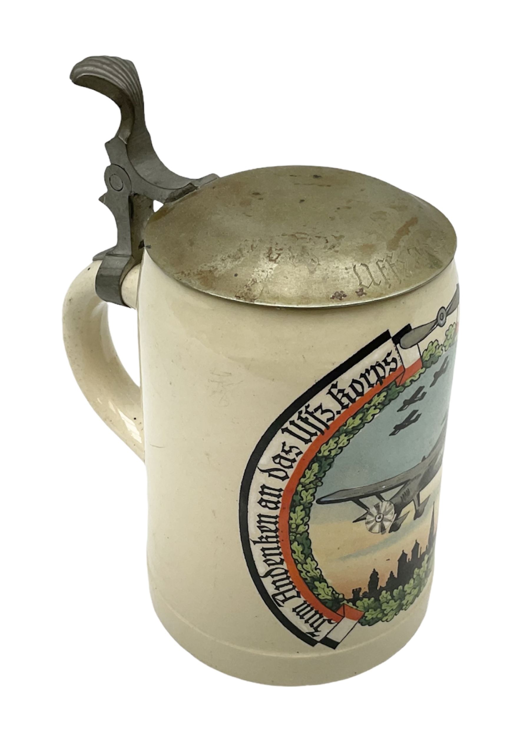 German presentation beer stein, printed with a study of a bi-plane, hinged cover engraved UFFZ Jacob, H16cm