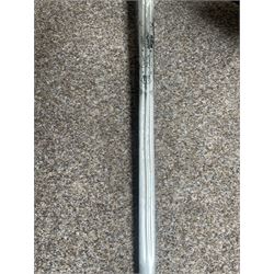 George V basket hilted broad sword with engraved blade, wire wound fish skin grip and field service scabbard, blade length 83cm