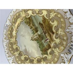 Mid 19th century cabinet plate, with central hand painted landscape panel with figures by waters edge with folly in the background, within a lobed border and scroll detailed rim, inscribed verso 'Radford Folly', D23cm