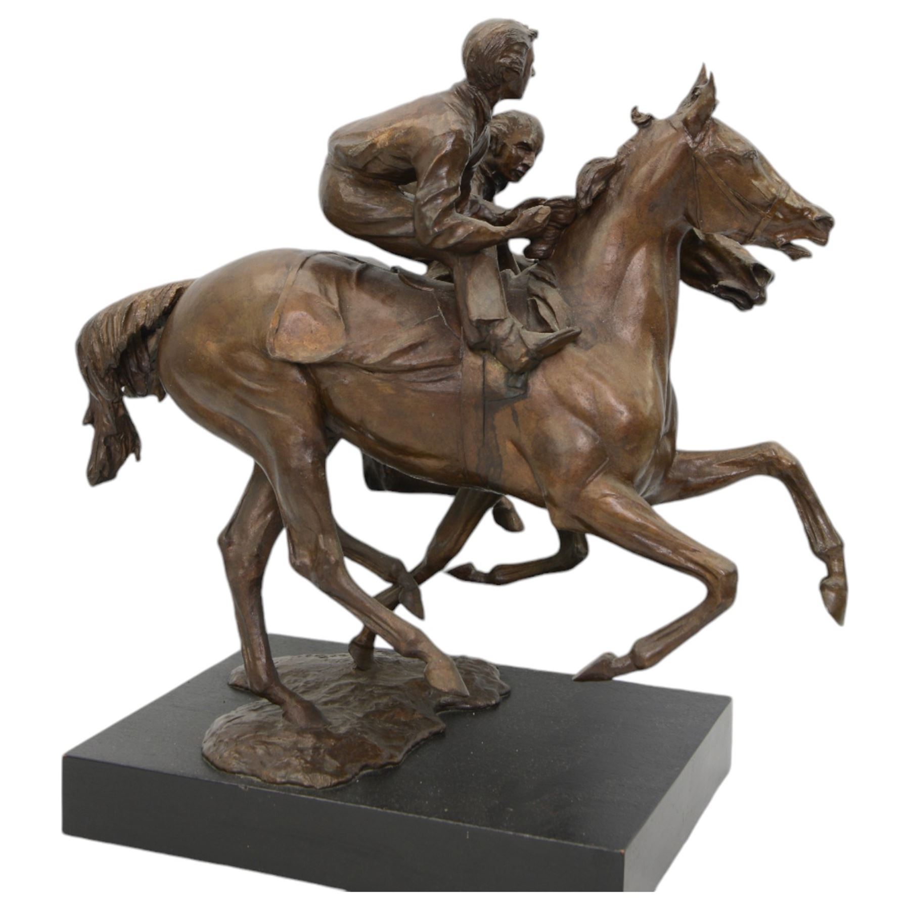 Bernard Winskill  (d1980) - 'Upsides on High Moor' a bronze group of two horses and riders, signed, on wooden base 45cm x 48cm