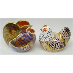  Two Royal Crown Derby paperweights, 'chicken' and 'cockerel', boxed, with gold stoppers  