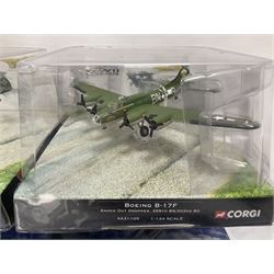 Corgi - Aviation Archive, five scale models; two 1:144 scale ‘Bomber Legends’ comprising AA31204 Avro Vulcan B.2 and AA31604 Handley Victor SR.MK.2; two 1:144 scale ‘WWII Legends’ AA30013 Douglas Dakota IV and AA31105 Boeing B-17F; one 1:72 scale ‘WWII Legends’ AA32104 Messerschmitt BF 109E-1; all in plastic display boxes (5)
