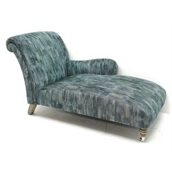 Parker Knoll - chaise lounge upholstered in green fabric, turned supports with polished metal castors, L155cm, H86cm, D75cm