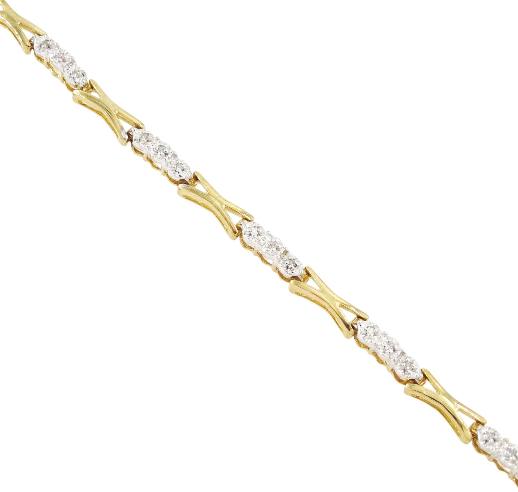 9ct gold diamond bracelet, twelve links set with three diamond chips, each spaced by a gold crossover link, hallmarked