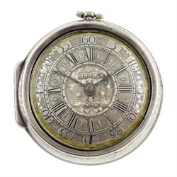 18th century silver pair cased verge fusee pocket watch by John Berry, London, No. 750, Egyptian pillars, pierced and engraved balance cock with scallop shell decoration, silver champleve dial with gilt border, Roman hours and outer Arabic minute ring, steel beetle and poker hands, dial signed Berry London
