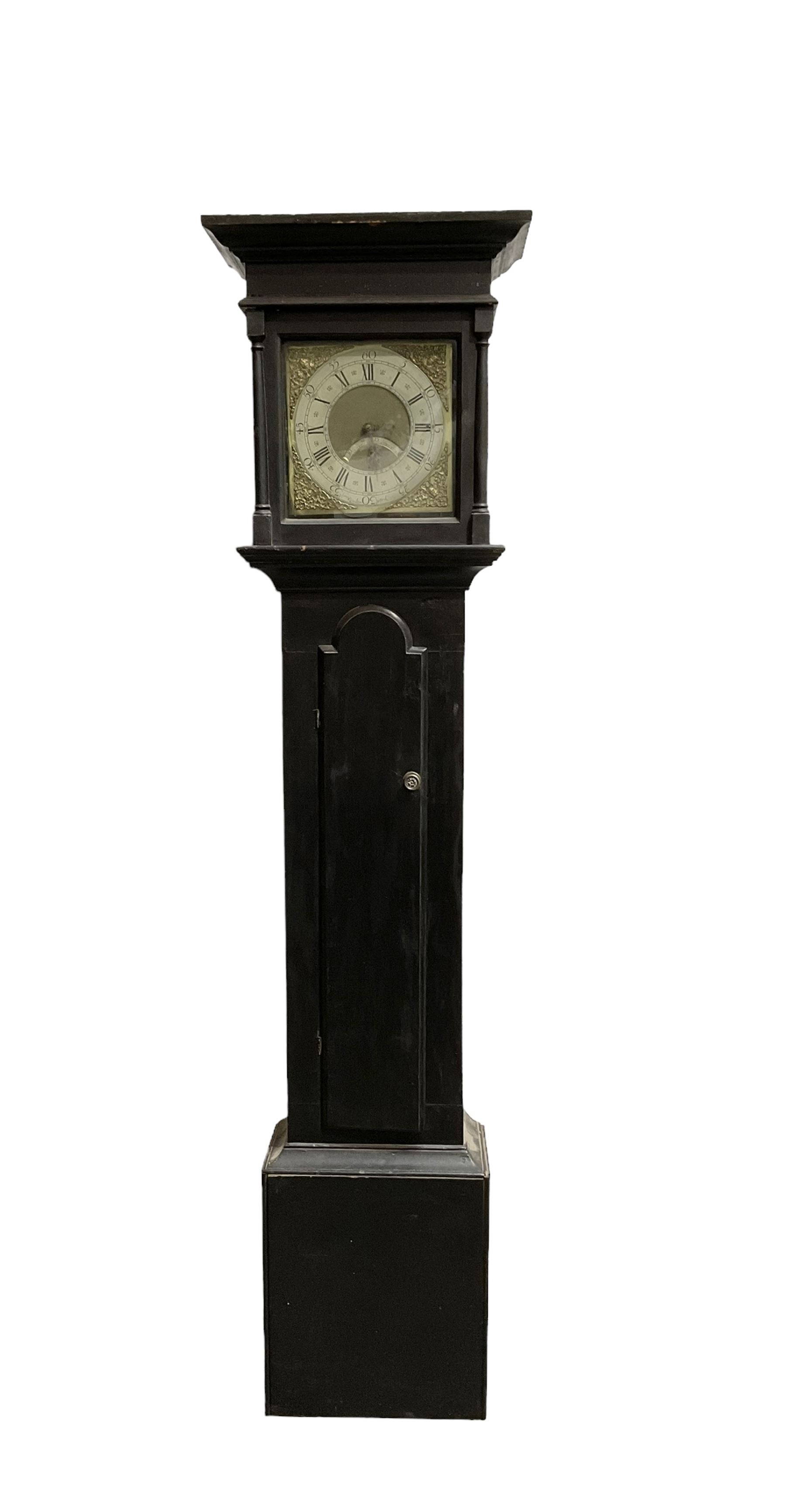 William Coulton of York - 18th century 30-hour ebonised longcase clock, with a flat pediment, broad cornice and plain frieze beneath,, square hood door with attached pillars, long break arch trunk door and rectangular plinth,  matted dial centre with curved date aperture and cast spandrels, chapter ring with Roman numerals, five minute Arabic's, minute and inner quarter hour tracks, count wheel striking movement striking the hours on a bell. With pendulum and weight.