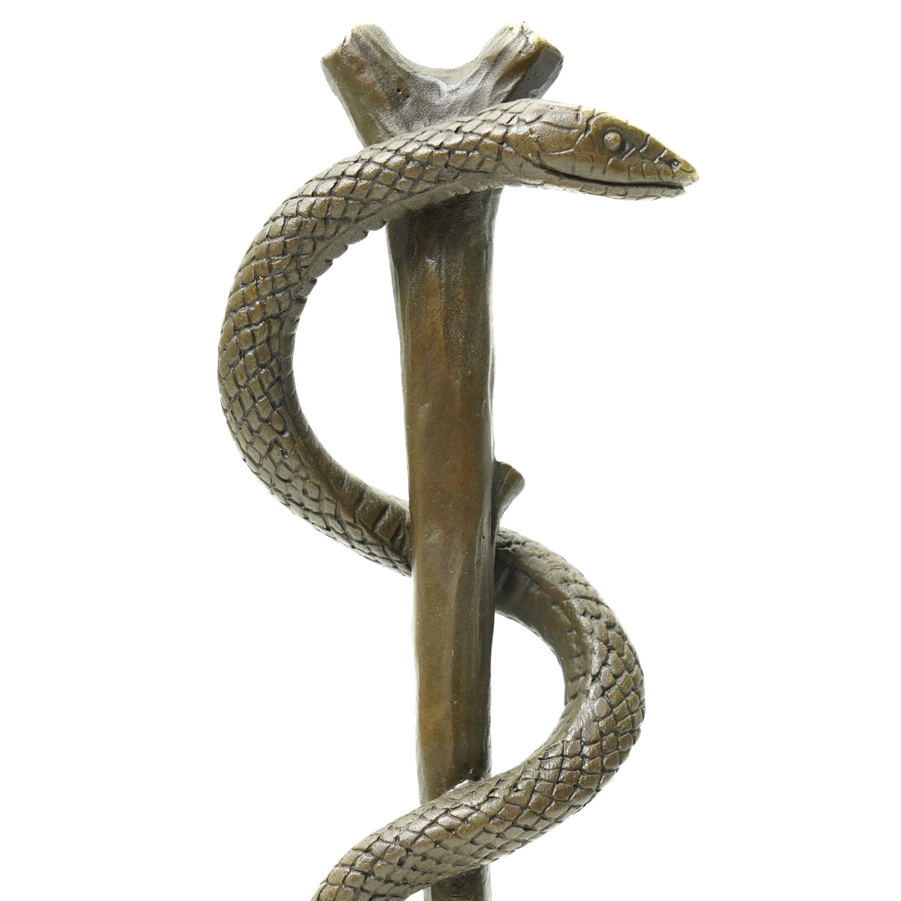 Bronze of the Staff of Asclepius with foundry mark on marble base H38cm