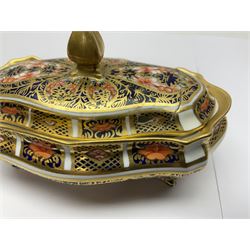 Royal Crown Derby Haiku pattern miniature clock, together with 1128 Imari pattern trinket box with cover and teddy bear figure, all with printed marks beneath   