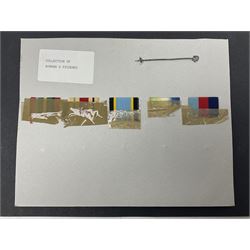 Representative display of WWII Campaign stars comprising 1939-1945 Star, Atlantic Star, Air-Crew Europe Star, Africa Star and Pacific Star; together with the corresponding group of miniatures; all with ribbons