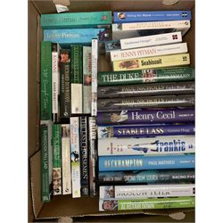 Books, mostly relating to horse racing including 'Kieren Fallon from my autobiography', 'Frankincense and More' the biography of Barry Hills,  various other similar biographies and autobiographies and a few DVDs related to horse racing, in three boxes