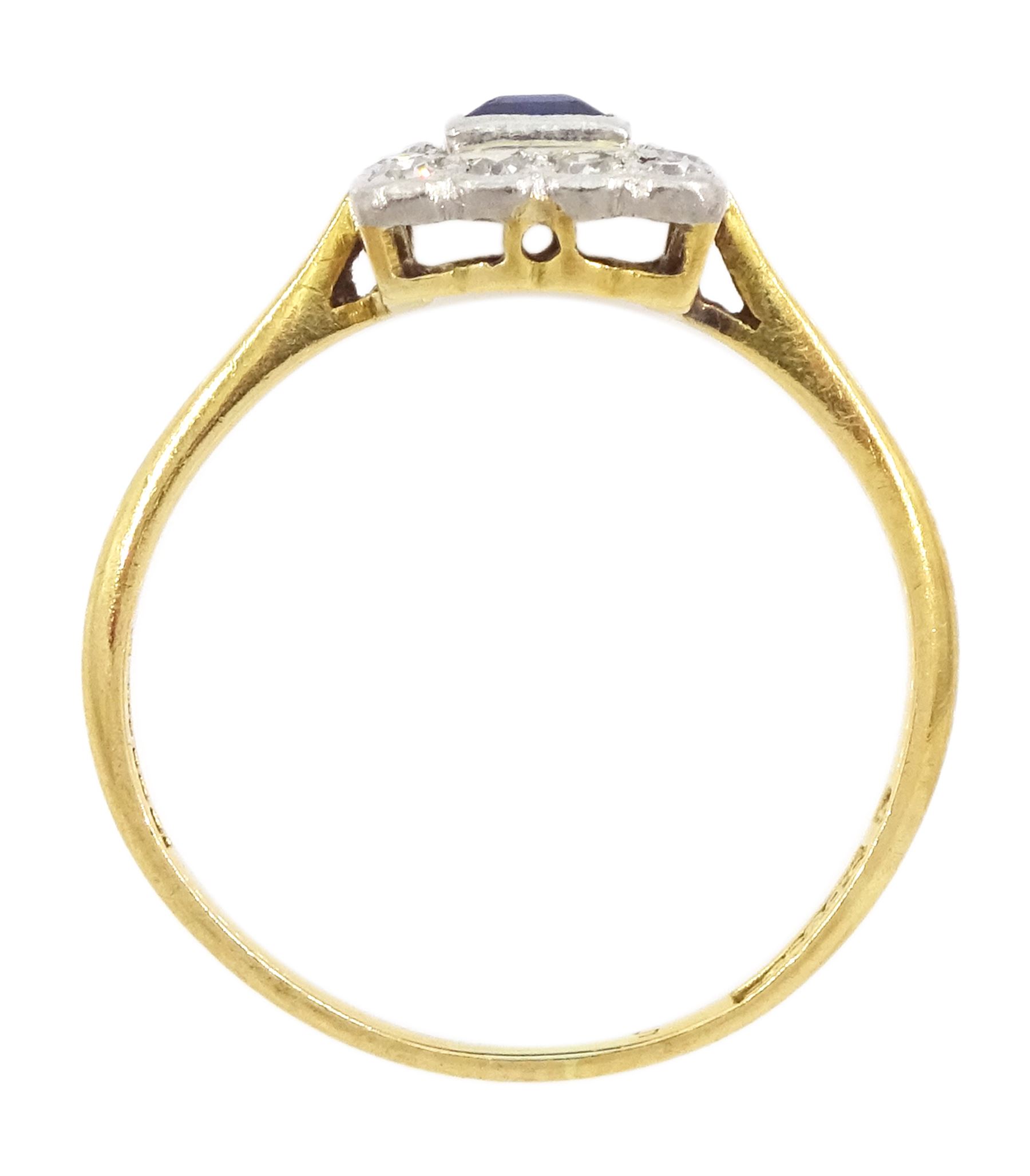Art Deco gold baguette cut sapphire, old and single cut diamond cluster ring by Blanckensee & Son Ltd, stamped 18ct & PT, sapphire approx 0.60 carat, total diamond weight approx 0.15 carat