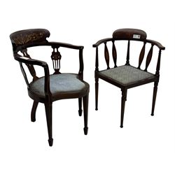 Edwardian inlaid mahogany corner chair, curved arms on shaped splat supports inlaid with satinwood, on turned supports (W60cm, H75cm); Edwardian inlaid mahogany tub-shaped armchair, the cresting rail inlaid with scrolling acanthus leaves and flower heads, on square tapering supports with spade feet (W58cm, H80cm)